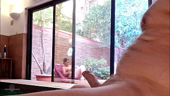 My Stepson Takes Out His Big Cock On The Terrace Gets Excited Looking At Me Behind The Window And Showing His Erection To The Neighbors My Nipples Are